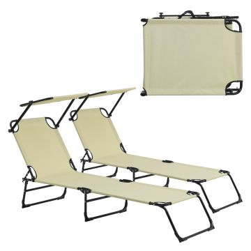 2er Set Sonnenliege Lomeda mit Sonnendach 187x53x27cm Creme [casa.pro]