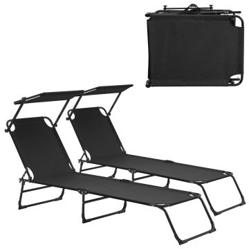 2er Set Sonnenliege Lomeda mit Sonnendach 187x53x27cm Schwarz [casa.pro]