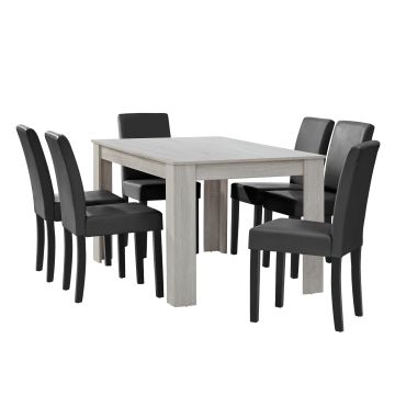 Essgruppe Forssa 7-tlg 140x90 cm Eiche Weiß/ Dunkelgrau [en.casa]