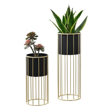 Blumentopfständer Mortsel 2er-Set Metall Schwarz-Goldfarben [en.casa]