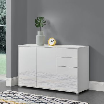 Sideboard Paarl 74x117x36 cm mt 2 Schubladen und 3 Schranktüren Weiß hochglanz en.casa